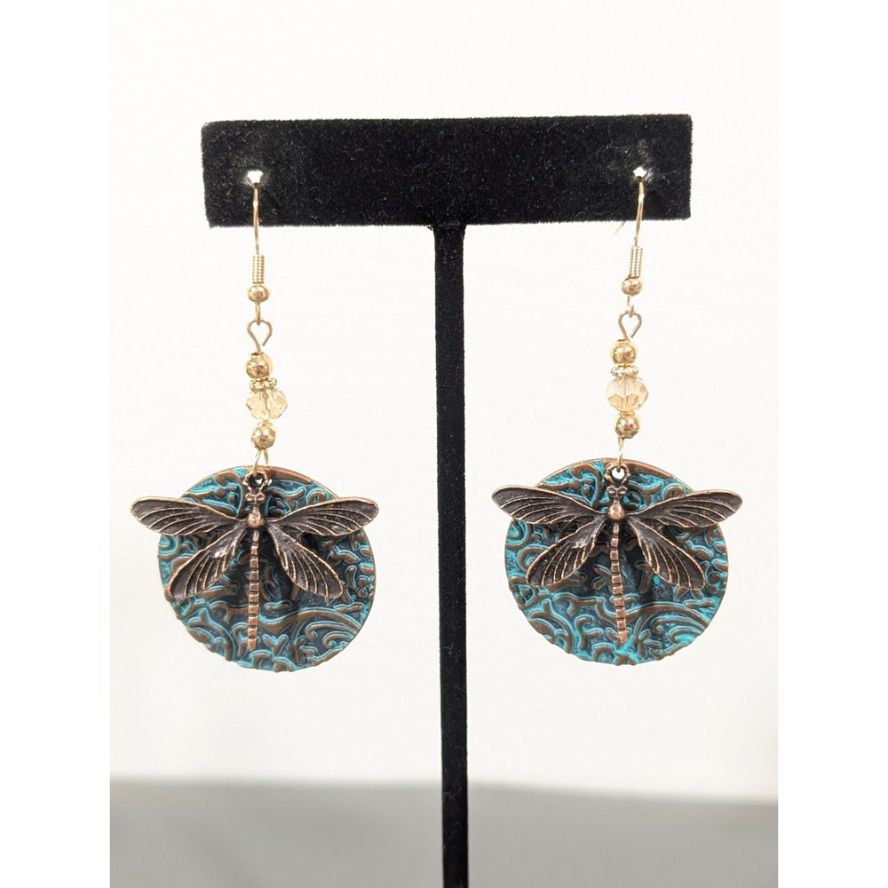 Green Patina Dragonfly Dangle Earrings Gold Tone Boho Artisan Festival